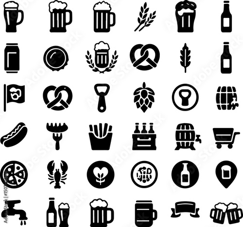 Comprehensive Collection of Black and White Beer-Related Icons