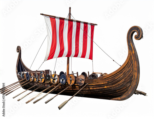Viking ship with red and white sail isolated on white