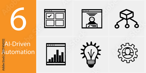 AI-Driven Automation Icon Set – 6 Vector Illustrations for Technology, Robotics, and Workflow Design