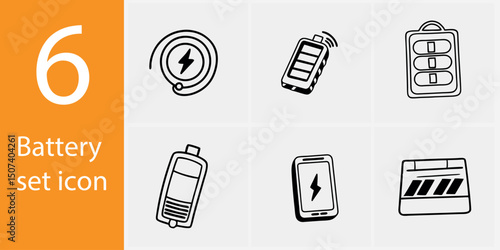 Battery Management Vector Icon Set – 6 Flat Illustrations for Power, Charging, and Energy Control