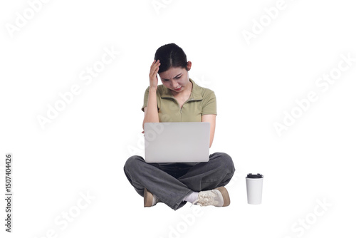 portrait of young asian female student sitting on white background posing