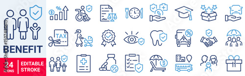 Employee benefit web line icons. Included icons as teamwork, insurance, paid Vacation, pension, social Security. Vector illustration. editable stroke
