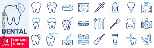 Set of 24 outline icons related to dental. Linear icon collection. Editable stroke. Vector illustration