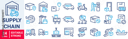 Supply chain line web icons. Value chain, logistic, delivery, manufacturing, commerce. Outline icon collection. Vector illustration. Editable stroke