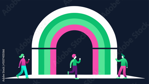 Cyber Neon Arch An arched portal with pulsating neon stripes in pink and green. A group of enthusiastic shoppers is hurrying through excited to discover the virtual deals awaiting