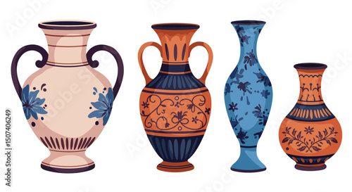 Colored ceramic vases set. Porcelain vase for flowers, antique pottery, floral and abstract patterns. Vase pottery for decoration. Trendy flat style isolated on white. Vector illustration