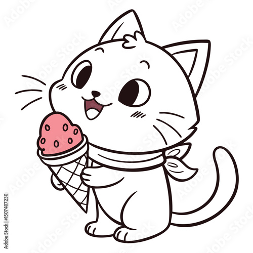 Cartoon Cat Eating Ice Cream, Cute Animal Dessert Graphic