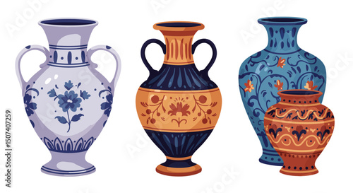 Colored ceramic vases set. Porcelain vase for flowers, antique pottery, floral and abstract patterns. Vase pottery for decoration. Trendy flat style isolated on white. Vector illustration