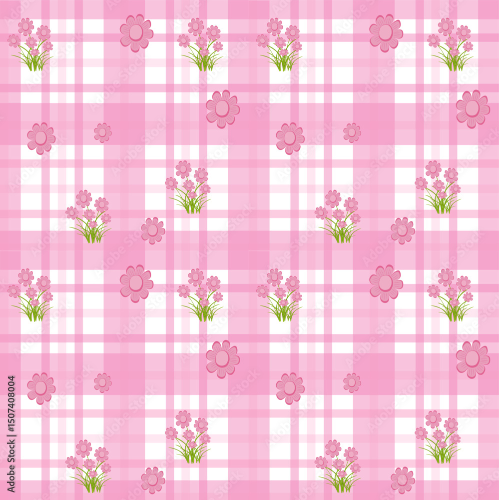 Seamless pink plaid background with cute hand-drawn flowers. Soft pastel colors, playful spring floral pattern, perfect for fabric, wrapping, or digital design.
Seamless pink plaid background with cute hand-drawn flowers. Soft pastel colors, playful spring floral pattern, perfect for fabric, wrapping, or digital design.