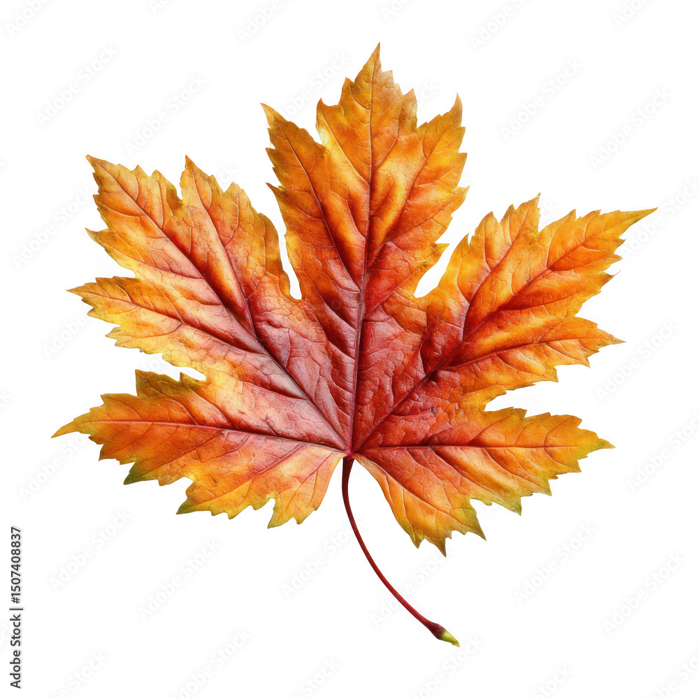 Fototapeta premium Single autumn leaf in warm colors isolated on transparent background