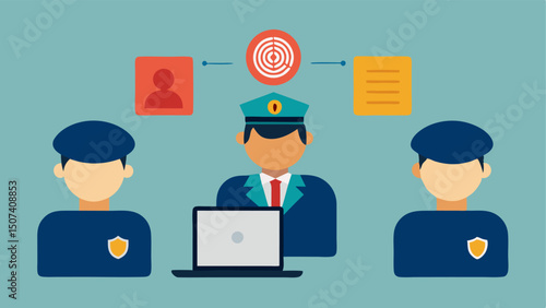 Communication with Law Enforcement A forensic expert sharing fingerprint data with law enforcement officers through a secure laptop symbolizing collaboration in investigations.
