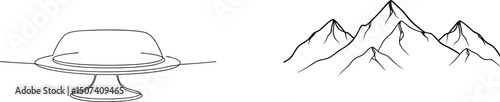 Simple line drawing of a flying saucer above a mountain range in black and white