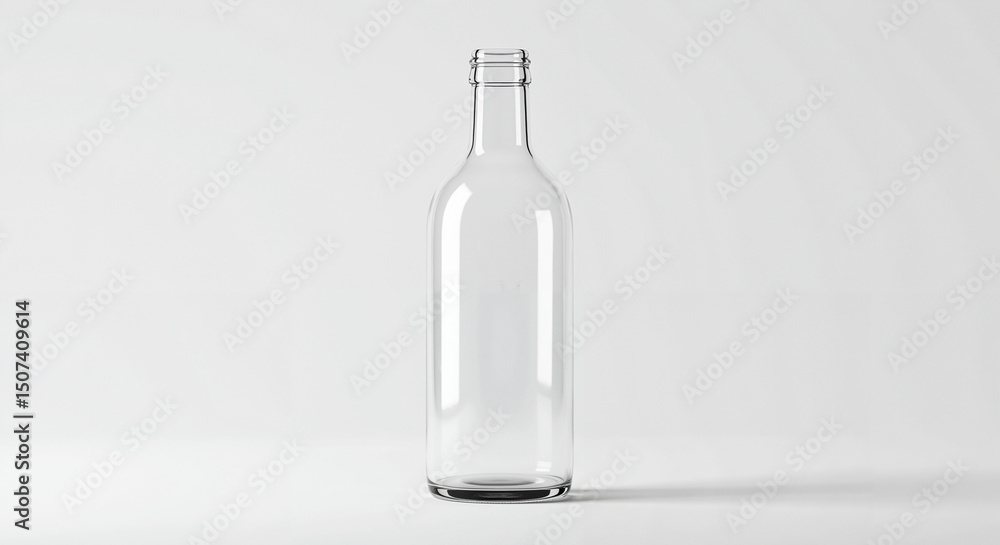 Fototapeta premium Clear empty glass bottle on white background for product mockups, minimalist packaging design, sustainability visuals, branding projects, and eco-conscious marketing
