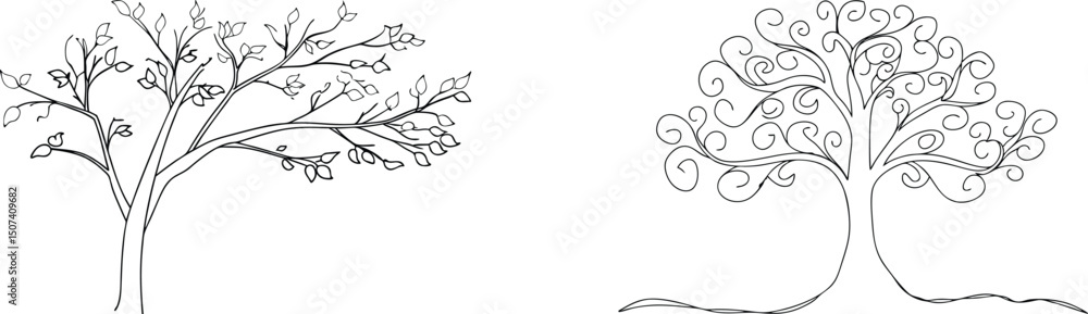 Obraz premium Hand drawn black and white illustrations of elegant trees with leaves and swirling branches