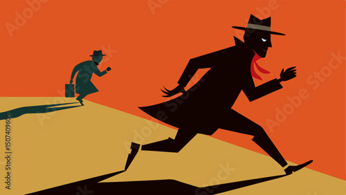 Chasing a Suspect Illustrate a dynamic scene where the detective is running down a street trench coat flying behind him as he pursues a shadowy figure.