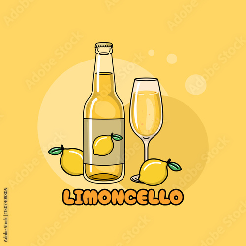 National Limoncello Day to celebrate on June 22nd. A bottle and a glass of lemon-flavored drink, with fresh lemon fruit. Drink event banner.