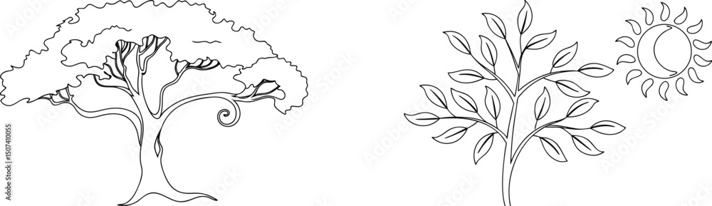 Simple outline drawings of trees and sun representing nature and the natural world Simple outline drawings of trees and sun representing nature and the natural world