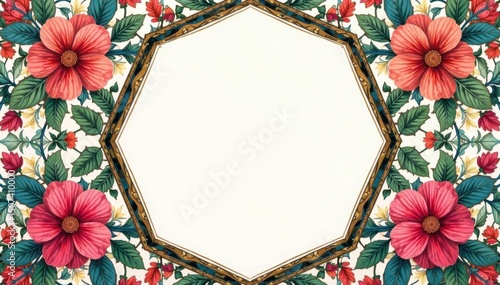 Intricate floral pattern within a geometric hexagon frame , bold, design, vector