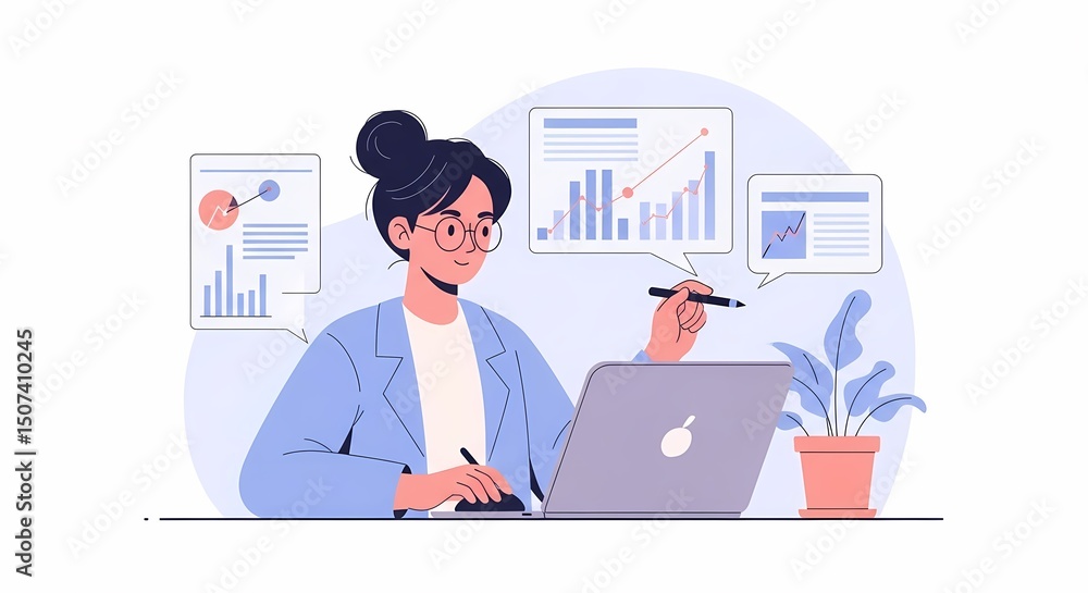 Analyzing Data Woman Working on Laptop with Financial Charts Analyzing Data Woman Working on Laptop with Financial Charts