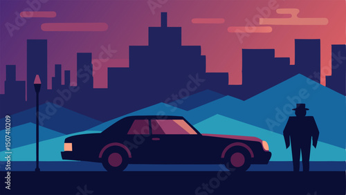 Cruising Undercover The detectives car is depicted from the rear with the suspects vehicle visible in the distance both cars surrounded by city buildings at dusk.
