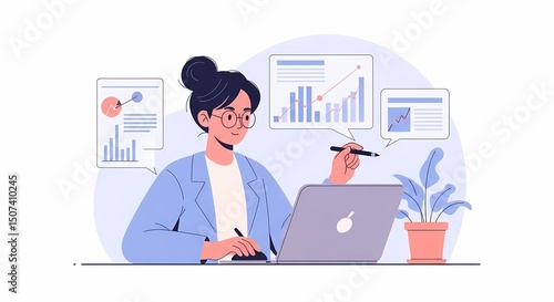 Analyzing Data Woman Working on Laptop with Financial Charts