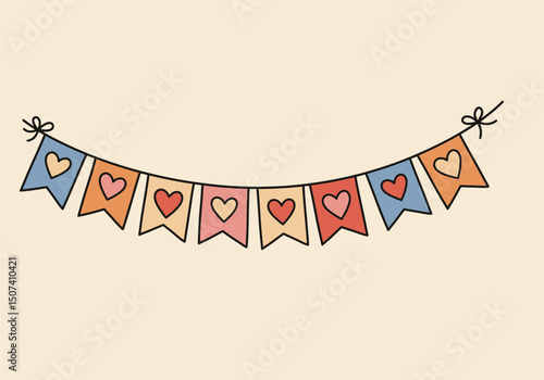 Valentines Day Festive garland of flags with hearts. wedding and valentines day concept. Simple Hand Drawn. Retro flat style. Perfect For Poster, Valentines Day Greeting Card. Vector illustration