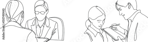 Continuous line drawing illustrating office meetings and collaborative business discussions