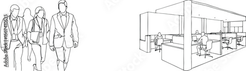 Business professionals walking and working in modern office building sketch line art vector illustration