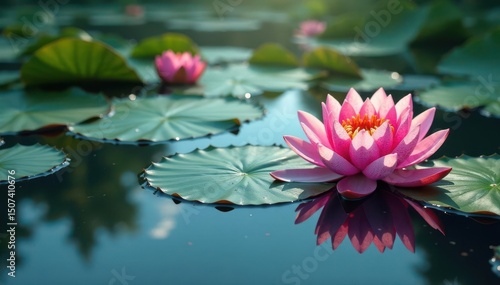 Water lilies & lotus blooms form intricate pattern on calm lake surface , floral, blue