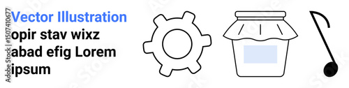 Gear, jar of jam with label, and music note pictograms in minimal style. Ideal for technology, food industry, creativity, innovation, art, education simple landing page