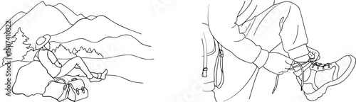 Hiking adventure illustrations of a hiker resting and tying a bootlace with mountain backdrop