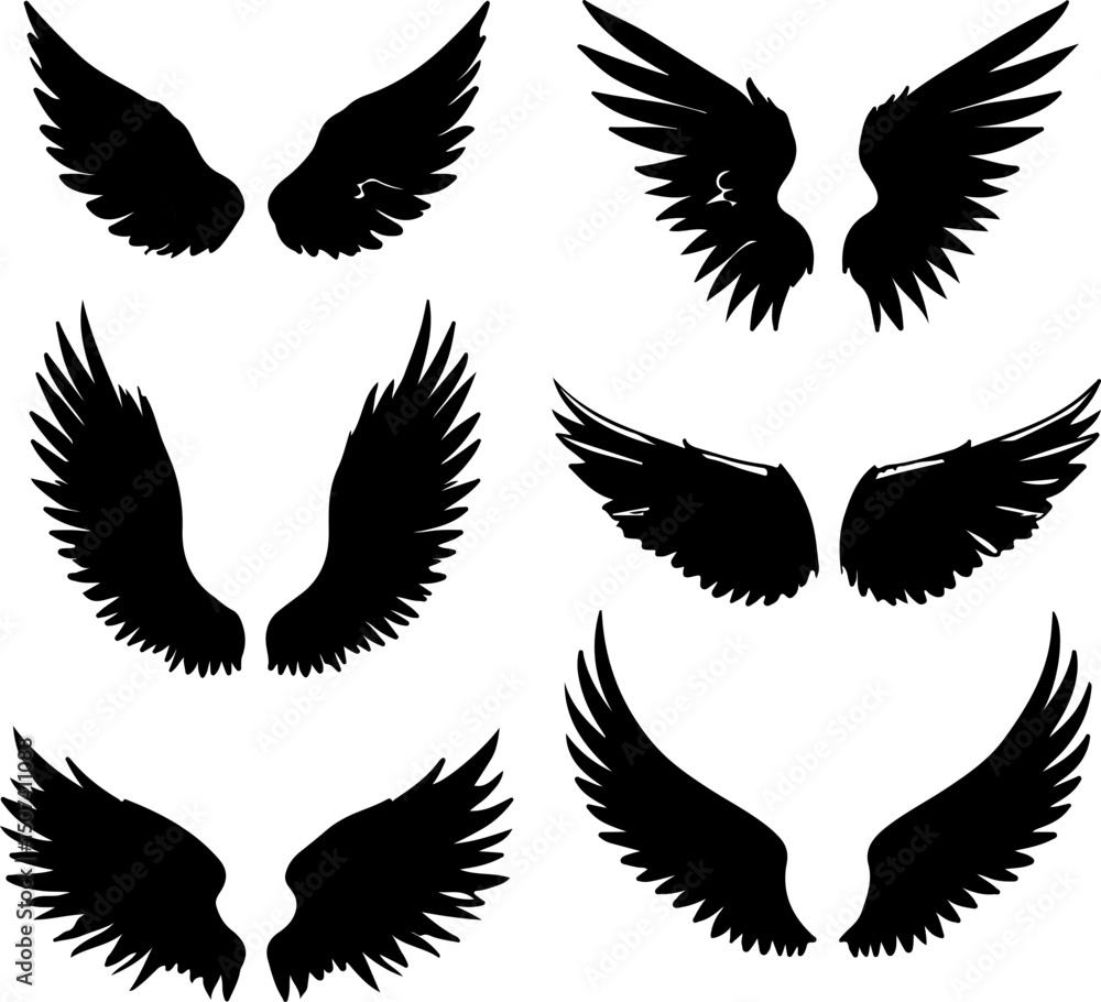 Obraz premium Six stylized black angel wings, perfect for graphic design.