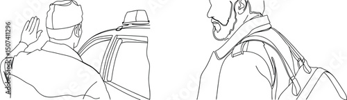 Line art illustration of a man calling for assistance and another person with a backpack.