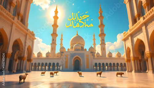 Images show a beautiful mosque at sunset/sunrise, with "Eid al-Adha" written in Arabic and English, and silhouette animals. Ideal for greeting cards or social media.