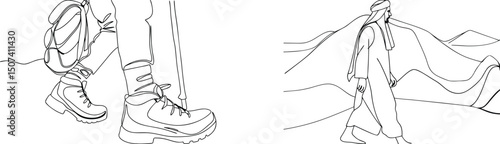 Continuous line drawing of hiker and bedouin walking across landscape in monochrome