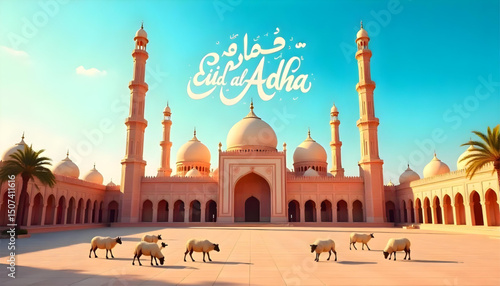 Images show a beautiful mosque at sunset/sunrise, with "Eid al-Adha" written in Arabic and English, and silhouette animals. Ideal for greeting cards or social media.