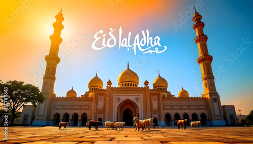 Images show a beautiful mosque at sunset/sunrise, with "Eid al-Adha" written in Arabic and English, and silhouette animals. Ideal for greeting cards or social media.