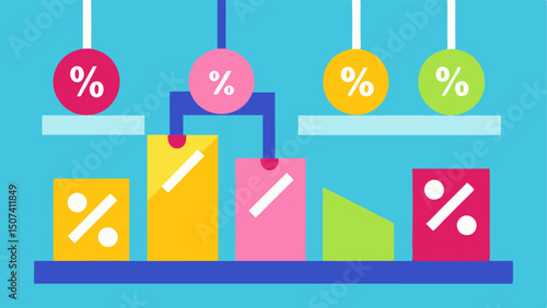 Discount Signs A vibrant illustration of large discount signs hanging above rows of shelves featuring bold percentages and colorful designs that draw in customers.