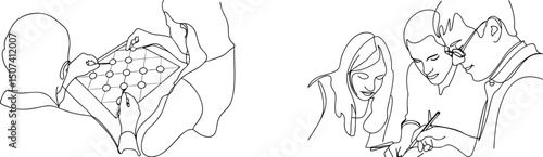 People playing board game and working collaboratively in simplified line art style