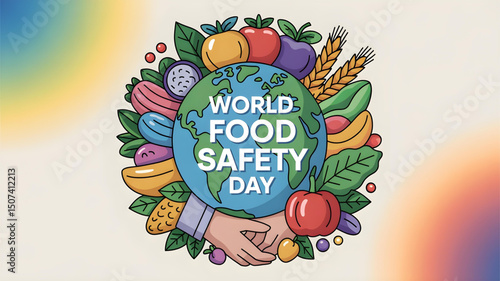 Vibrant illustrations of "World Food Safety Day" featuring Earth surrounded by diverse fruits and vegetables. Ideal for campaigns promoting food safety, health, and global well-being.
