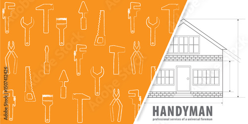 Handyman concept. Professional services of a universal foreman. Workshop, repairman services, carpenter, any type of repair of home.  Vector EPS10.