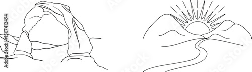 Minimalist line art depicting landscape featuring an arch and a sunrise over mountains