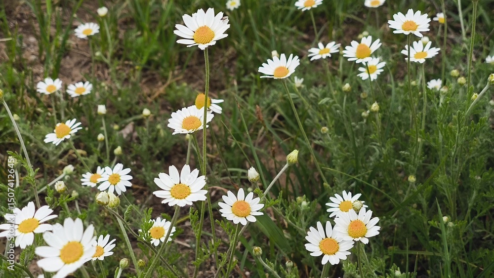 Fototapeta premium White daisy field. field of white daisies in the wind swaying close up.