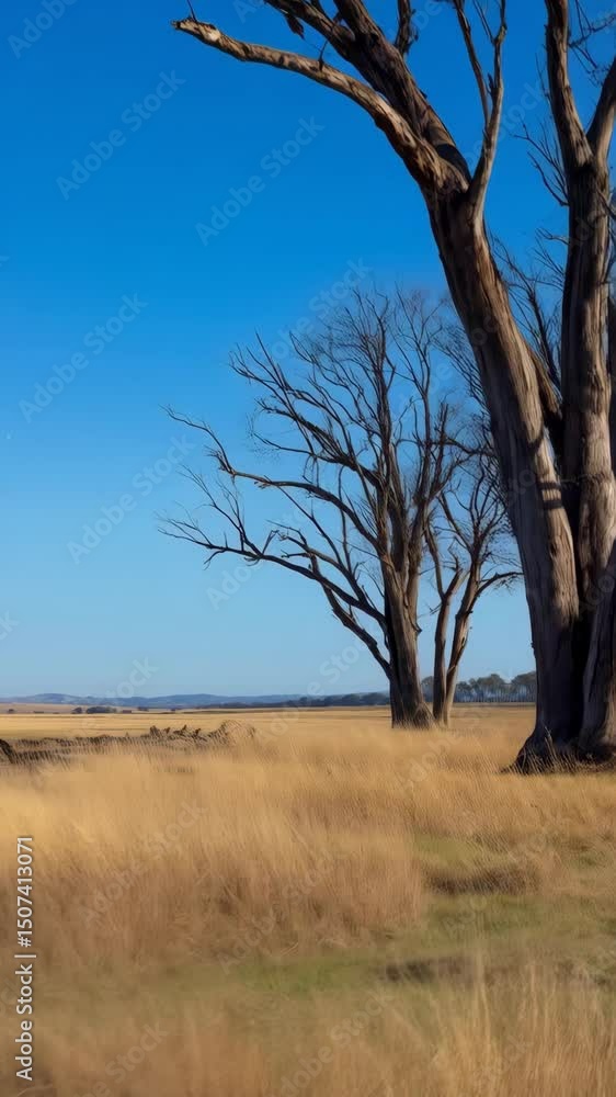 Open landscape features golden grassland with tall trees reaching to a cloudless blue sky in a peaceful scene. Open landscape features golden grassland with tall trees reaching to a cloudless blue sky in a peaceful scene.