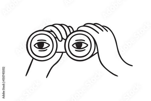 Hands hold binoculars and look through. outline web surfing or search engine concept, research. Doodle vector crayon charcoal ink element