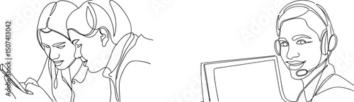 Line art depiction of customer service agents using phone and headset with smartphone