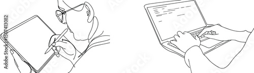 Vector illustration of person working on tablet and laptop using continuous line drawing