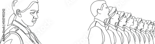 Continous line drawing of a single soldier and a group of soldiers in formation