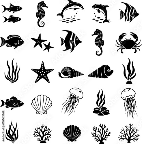 Black and white collection of various sea creatures and marine life.
