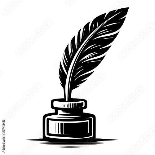A quill pen resting in an inkwell, showcasing the tools of writing and creativity. The pen and inkwell are rendered in a classic black and white illustration.